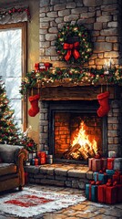 Pixel Art Christmas Living Room Scene with Tree, Gifts, Fireplace and Decorations