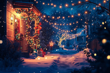 Obraz premium A snowy night scene with a house covered in Christmas lights