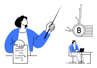 A person is holding a document and pointing with a stick while another person is sitting at a desk with a laptop. Ideal for finance, education, cryptocurrency, business training, modern learning