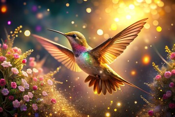Obraz premium A Whimsical Hummingbird with Glittering Rainbow and Rose Gold Colors in a Dreamy Background