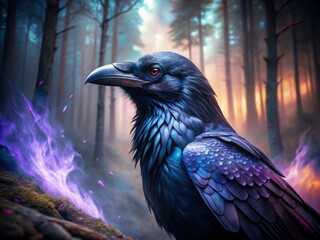 Stunning Raven with Iridescent Black and Purple Feathers Perched in a Natural Setting Outdoors