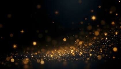 Abstract golden background with particles come from the left and right, Festive abstract christmas texture, golden bokeh particles and highlights on dark background.