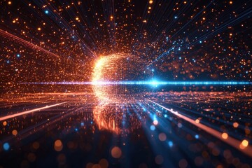 An abstract depiction of quantum entanglement with vibrant energy waves and colorful particles creating an ethereal cosmic atmosphere