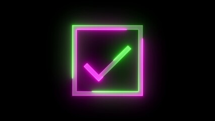 Neon symbol icon, Neon checkbox composite icon green pink color glowing black background