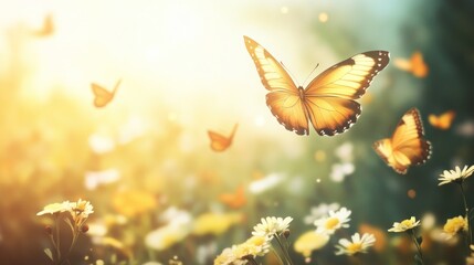 Butterflies fly over a field of wildflowers in the golden sunlight.