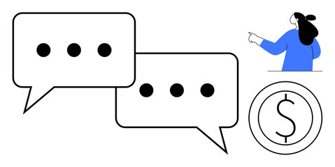 Two large speech bubbles with ellipses, a dollar sign coin, and a person pointing represent communication and monetary benefits. Ideal for finance, marketing, customer service, economics