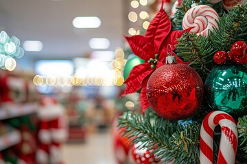 Close up of a Christmas tree ornaments in a supermarket