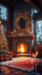 Obraz premium Pixel Art Christmas Living Room Scene with Tree, Gifts, Fireplace and Decorations