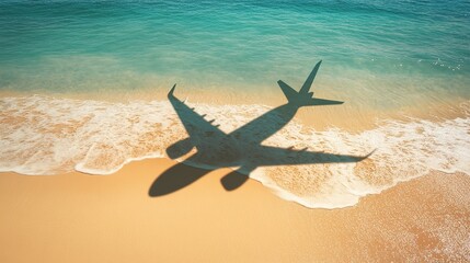 Airplane Shadow Cast Over Crystal Clear Ocean Waters on a Sunny Day
