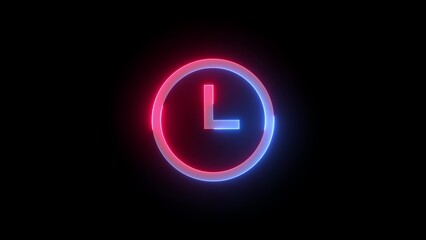 Neon symbol icon, Neon clock sign icon blue red color glowing black background