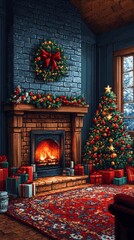 Pixel Art Christmas Living Room Scene with Tree, Gifts, Fireplace and Decorations