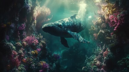 Obraz premium A humpback whale swims through a vibrant coral reef, sunlight filtering through the water.