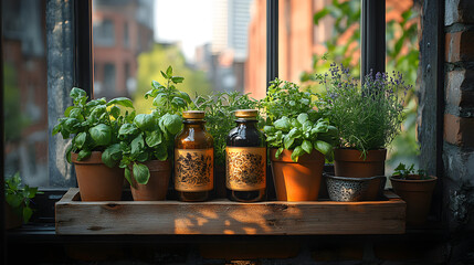 A Charming Small Balcony Garden Featuring Potted Herbs and Colorful Flowers, Creating a Lush Green Retreat in an Urban Setting. A Serene Space for Relaxation and Enjoyment of Nature in the City.
