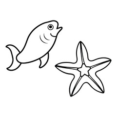Set vector sea animals hand drawn outline sketch illustration