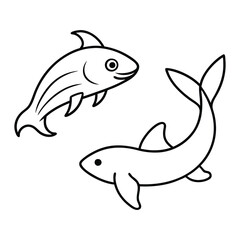 Set vector sea animals hand drawn outline sketch illustration