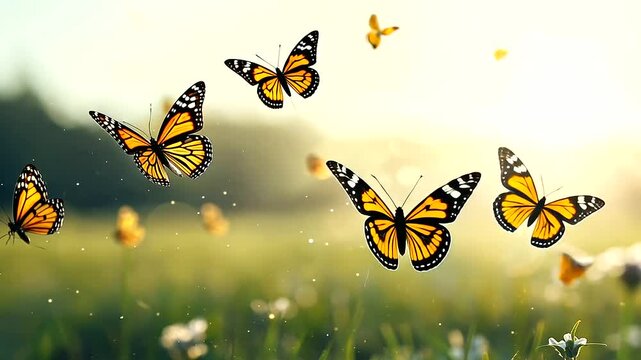 Several plain tiger butterflies flying together over a meadow, their colorful wings standing out against a serene, sunlit landscape