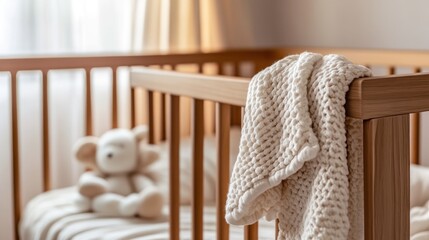 A soft knitted blanket hangs over the side of a wooden crib with a plush toy in the background.