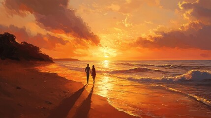 Fototapeta premium A couple walks along the shoreline during a beautiful sunset, hand in hand, the moment filled with love and the beauty