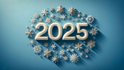 Elegant 2025 New Year illustration with intricate snowflakes on a soft blue background, capturing a refined and sophisticated holiday spirit
