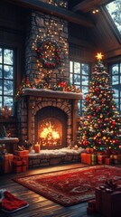 Obraz premium Pixel Art Christmas Living Room Scene with Tree, Gifts, Fireplace and Decorations