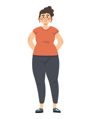 Curvy woman in exercise clothes, smiling and motivated, simple illustration style