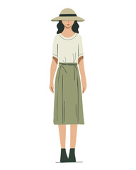 Woman dressed in eco-friendly green tones, with a hat, soft and natural illustration style