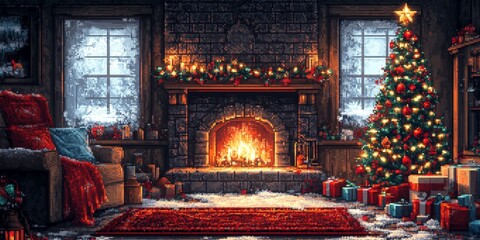 Pixel Art Christmas Living Room Scene with Tree, Gifts, Fireplace and Decorations