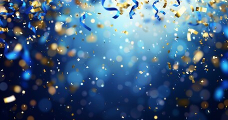 Falling confetti on blue background, abstract background with dark blue and gold particle. Golden light shine particles Bokeh on navy blue background, celebration concept

