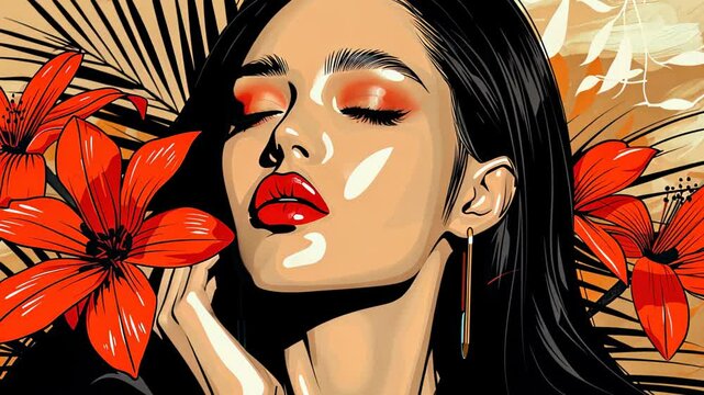 bold and vibrant illustration of a woman with red lips and orange eyeshadow, surrounded by red lilies and tropical leaves, exuding confidence and elegance