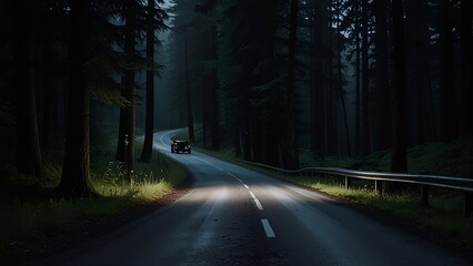 driving through the forest, foggy road winding through a dark, dense forest with tall trees on either side