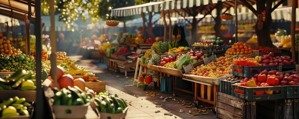 Bustling farmers market with fresh produce and baked goods, 4K hyperrealistic photo
