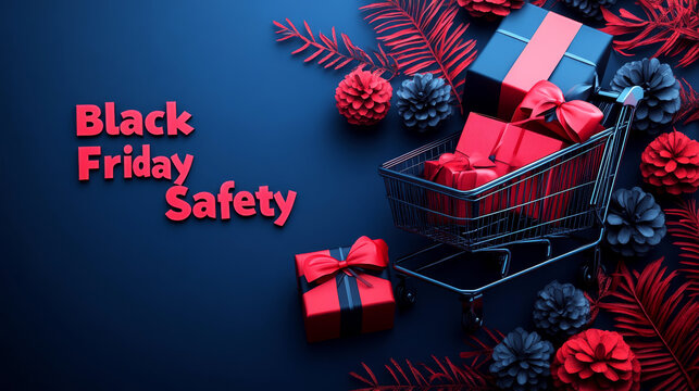 A shopping cart filled with gift boxes is surrounded by red and black decorations. Concept of holiday shopping and safety. For online shopping tips.