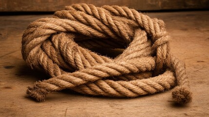 Obraz premium A close-up of a thick rope coiled on a wooden surface.
