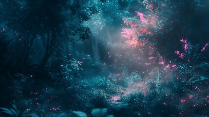 Obraz premium Bioluminescent Enchanted Forest Ethereal Glowing Plants in a Mystical Fantasy Landscape