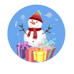 A cheerful snowman surrounded by colorful presents on a blue background with snowflakes and confetti. Perfect for festive designs and winter-themed projects.