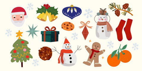 Fototapeta premium Christmas and New Year stickers in flat style. Holiday seasonal vector illustrations. Merry Christmas holiday gifts, winter elements, snowman, tangerines, Santa, Christmas tree, Xmas decorations