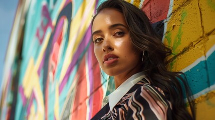 Fototapeta premium Urban Elegance in Vibrant Mural Surroundings, showcasing a fashion-forward model amid a bustling cityscape, embodying style and contemporary urban culture.