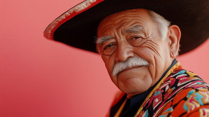 Elderly Hispanic man wearing a traditional sombrero posed against a vibrant background showcasing cultural pride