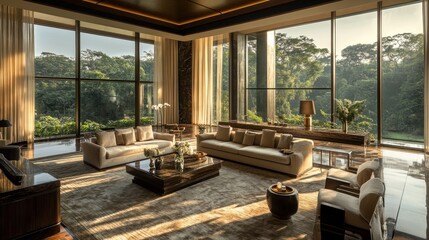 Fototapeta premium Elegant living room with large windows overlooking a lush landscape.