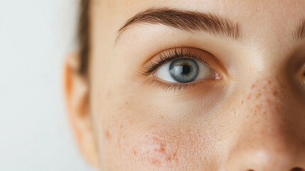 Naklejka premium Close-up of a person's eye showcasing natural beauty, with freckles and clear blue iris, highlighting the texture and details of the skin.