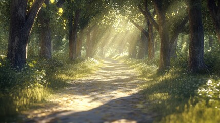 Obraz premium Forest path with sunlight filtering through the trees
