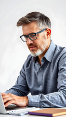 mature man in glasses use laptop online, education with white shades, png