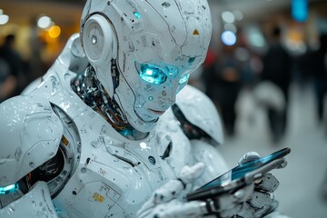 A close-up of a bionic arm operating a smartphone, highlighting the fine motor skills and capabilities of the prosthetic in day-to-day communication. Generative AI