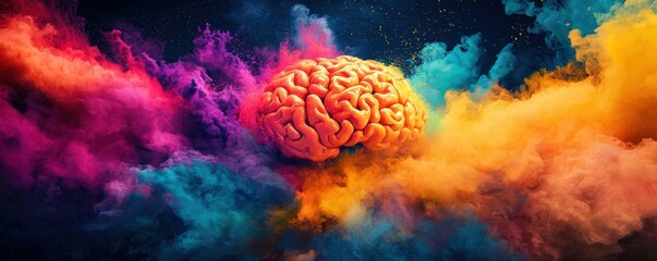 Explosive burst of vibrant colors surrounding a purple brain expressing creativity and innovation