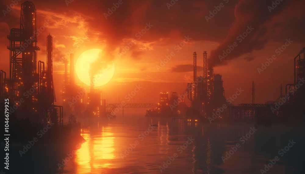 Poster sprawling industrial complex developing and refining alternative fuel sources with high-tech systems