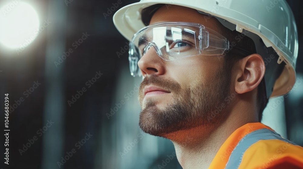 Aufkleber a construction worker wearing safety glasses and a hard hat looks confidently at the ongoing project
