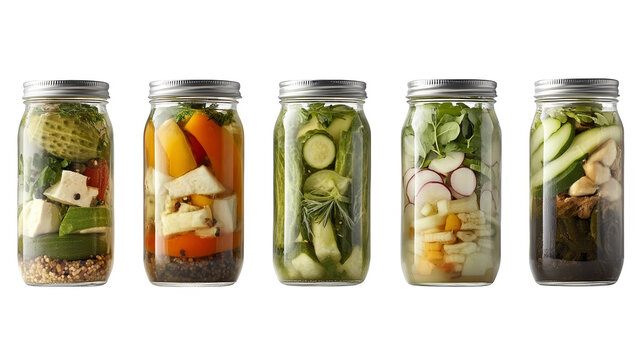 Colorful pantry display, a row of glass jars filled with preserved foods