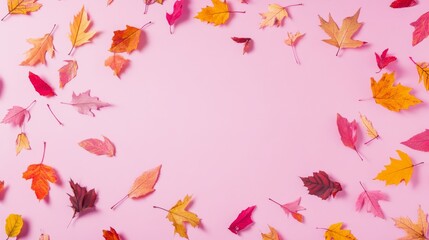 Photo of, Pink background with scattered autumn leaves for design, banner template