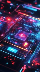 Obraz premium Retro Futuristic Holographic Social Media Platforms with Neon Tinged UI and Glitch Effects