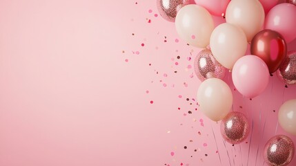 Photo of, Pink background with scattered balloons and confetti for design, banner template